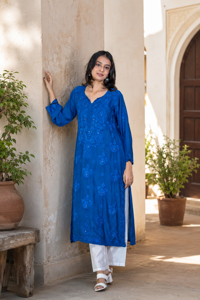 Noor Muslin Chikankari Mukaish Blue Kurti