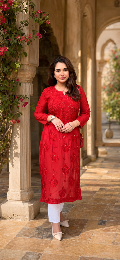 Noor Muslin Chikankari Mukaish Red Kurti