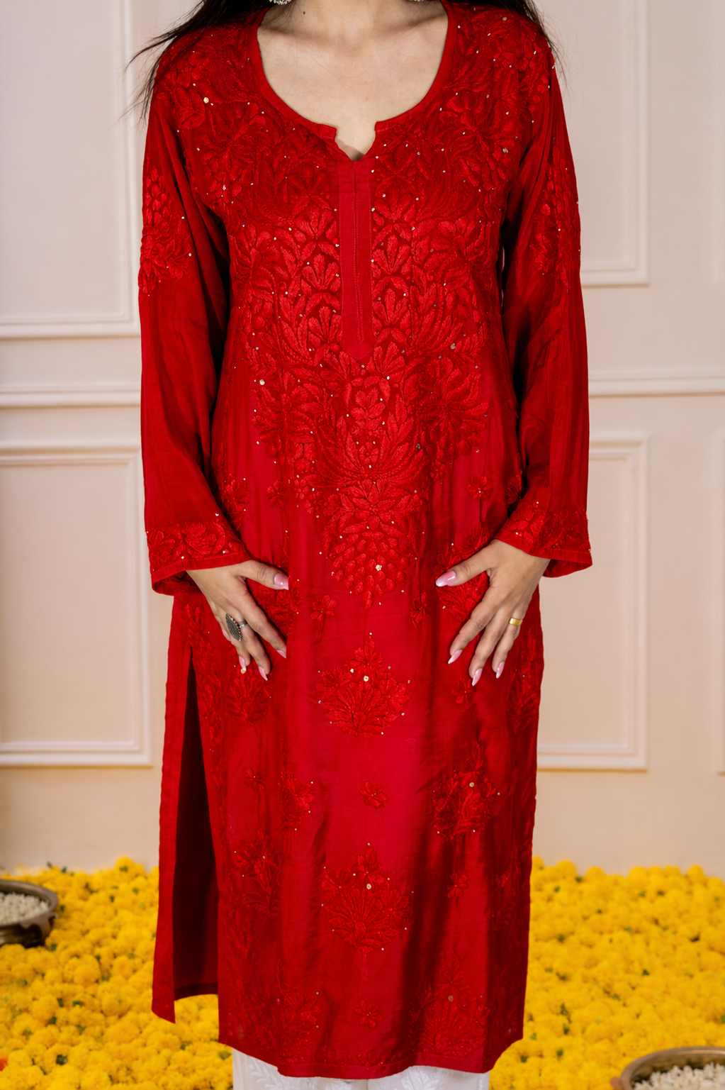 Red Muslin Kurti with Zari