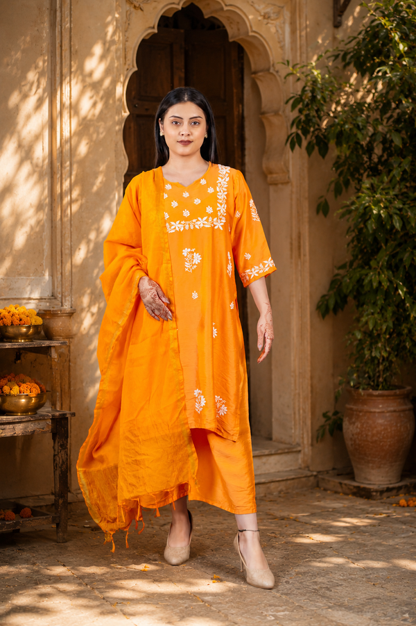 Orange Chanderi Silk Chikankari Kurta Set