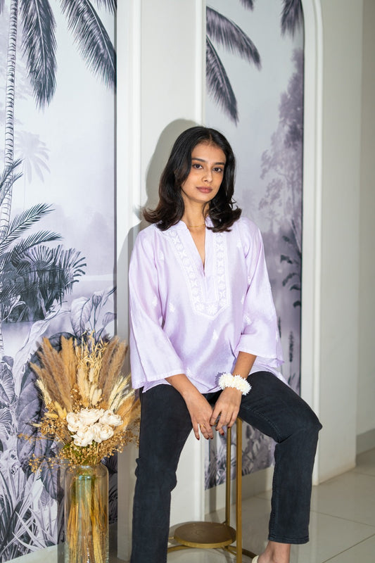 Riwayat Chikankari Lilac Chanderi Short Kurti