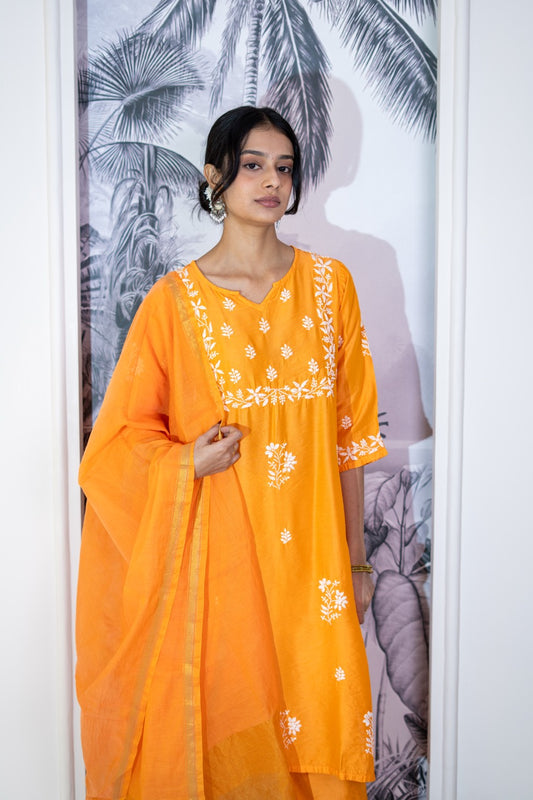 Surkh Chanderi Chikankari Kurta Pant Dupatta Set