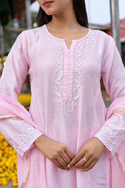 Raabta Chikankari Chanderi Blush Pink Kurta Pant Dupatta Set